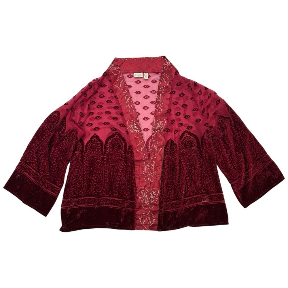 Vintage Velvet Burnout Sheer Open Cardigan Women's 2X Red Blouse Whimsigoth READ